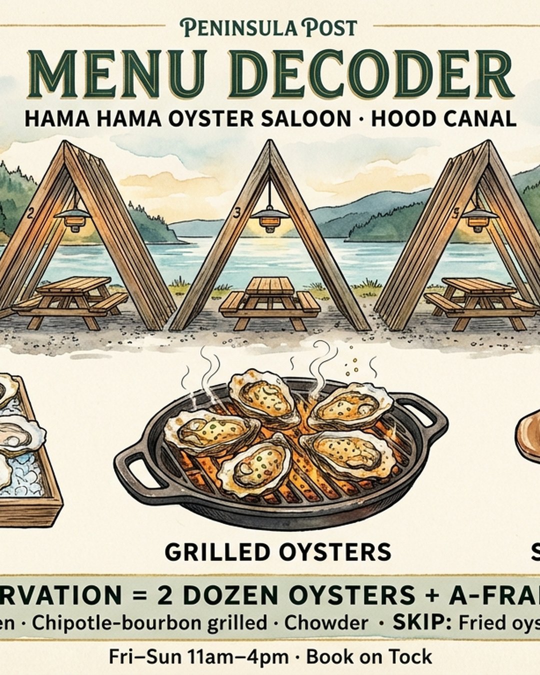 Cover of Peninsula Post issue 03, the Hama Hama Menu Decoder, in watercolor.
